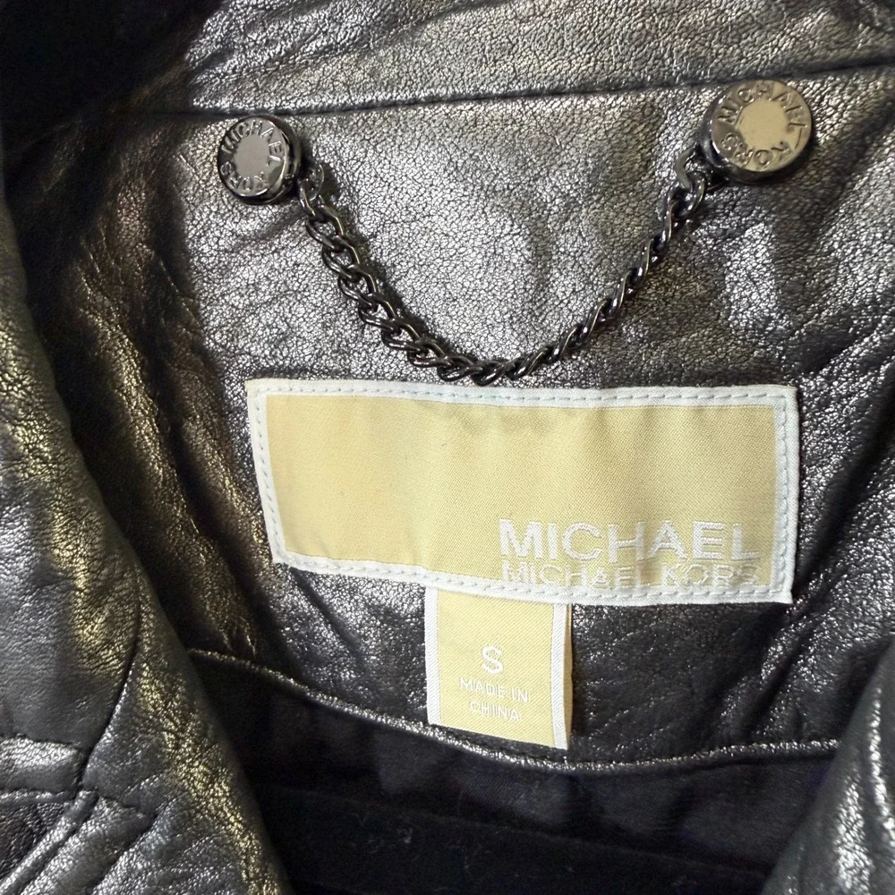 Michael Kors Silver Lamb Leather Moto Jacket Small Y2K Streetwear Metallic Biker